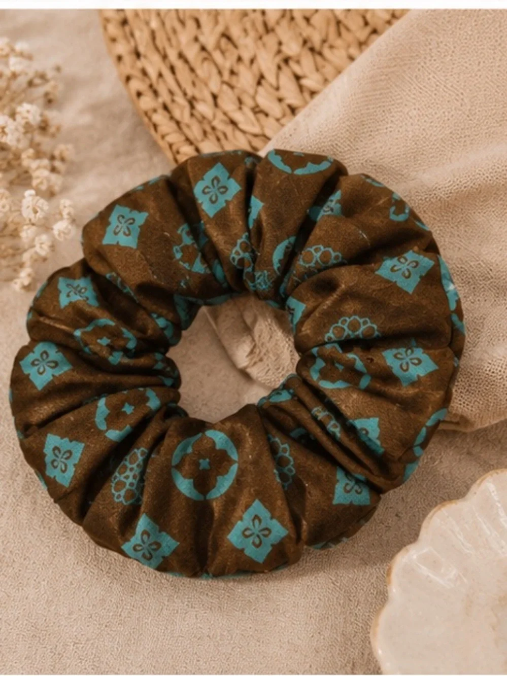 Designer Inspired Brown and Teal Floral Scrunchie Hair Tie